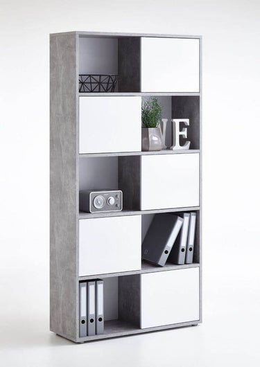 Luiz Modern Concrete Grey and White Tall Bookcase with Four Doors - UK Luxury Furniture